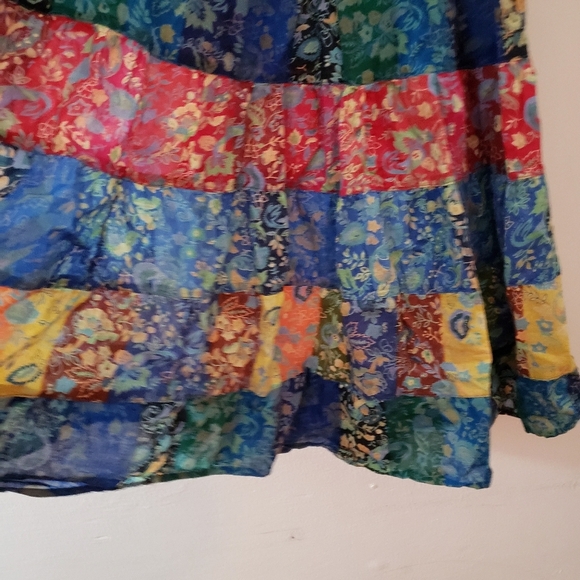La Cera patchwork floral boho tiered drawstring midi cotton skirt, size Small - Picture 3 of 6
